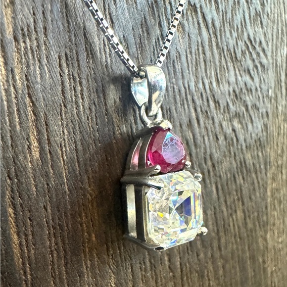 Vintage BBJ Strontium Titanate & Ruby Rhodium Over Sterling Pendant Necklace - Picture 4 of 11